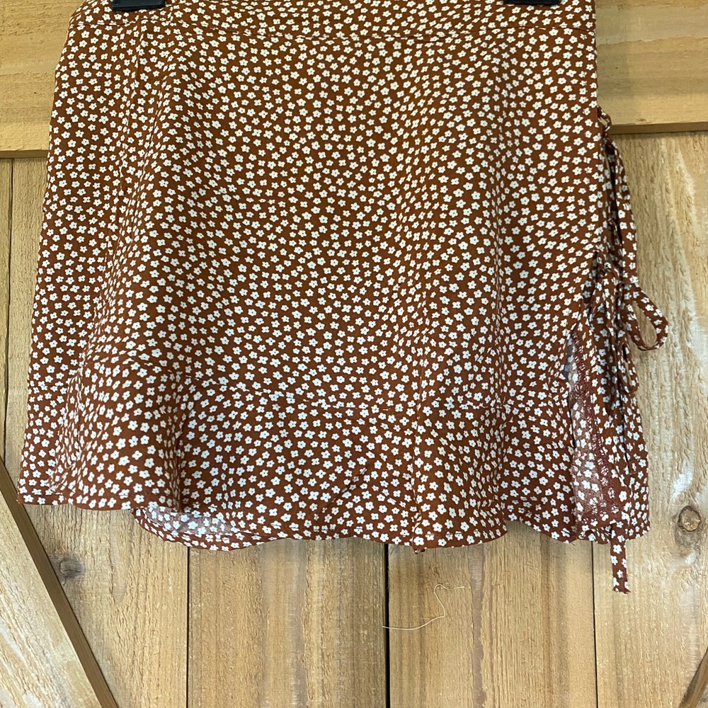 Brown and White Floral Koton Mini skirt With Short/ Skort Sz S sideTrending Now